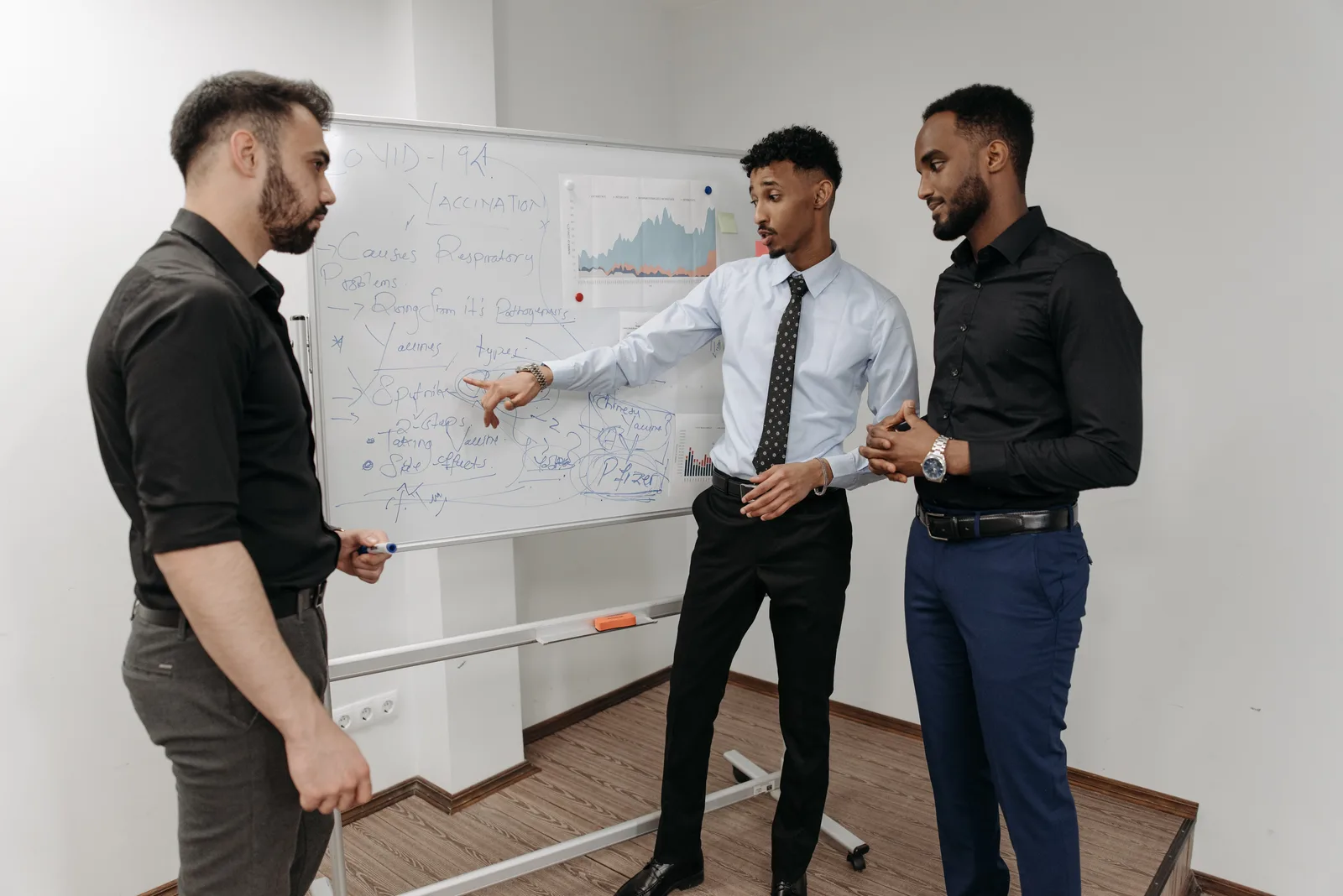 Three professionals discussing strategies at a whiteboard in an office setting.